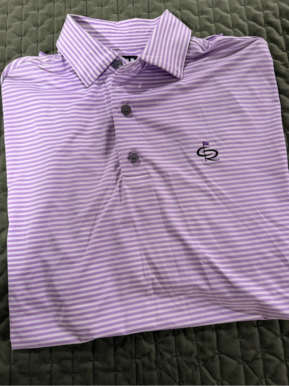 FootJoy purple‎ white striped short sleeve polo Champions Retreat logo medium